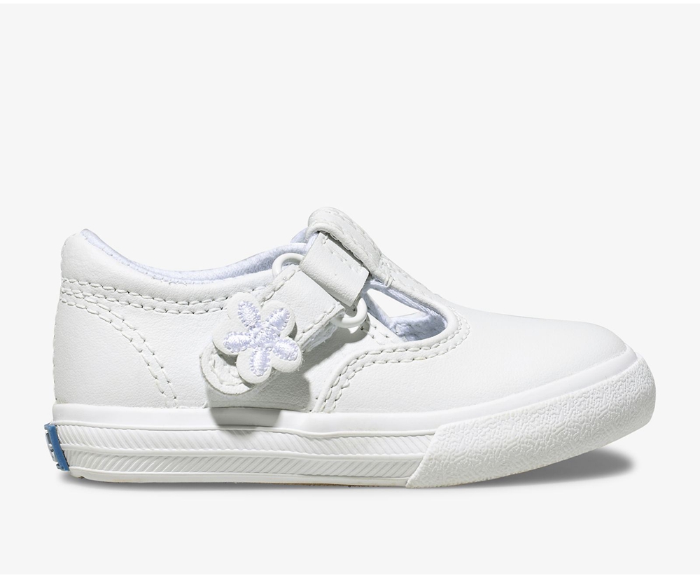 Kids Keds Slip Ons - Daphne T-Strap Leather - White - 6971-AXUKV